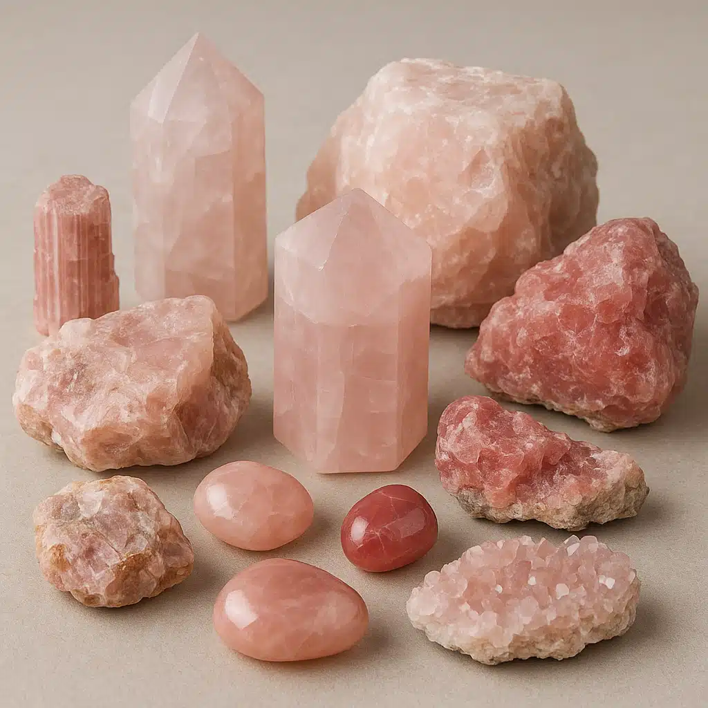 Collection of various pink-toned minerals and crystals arranged on a neutral surface showing different shades from pale blush to deep rose, professional product photography style