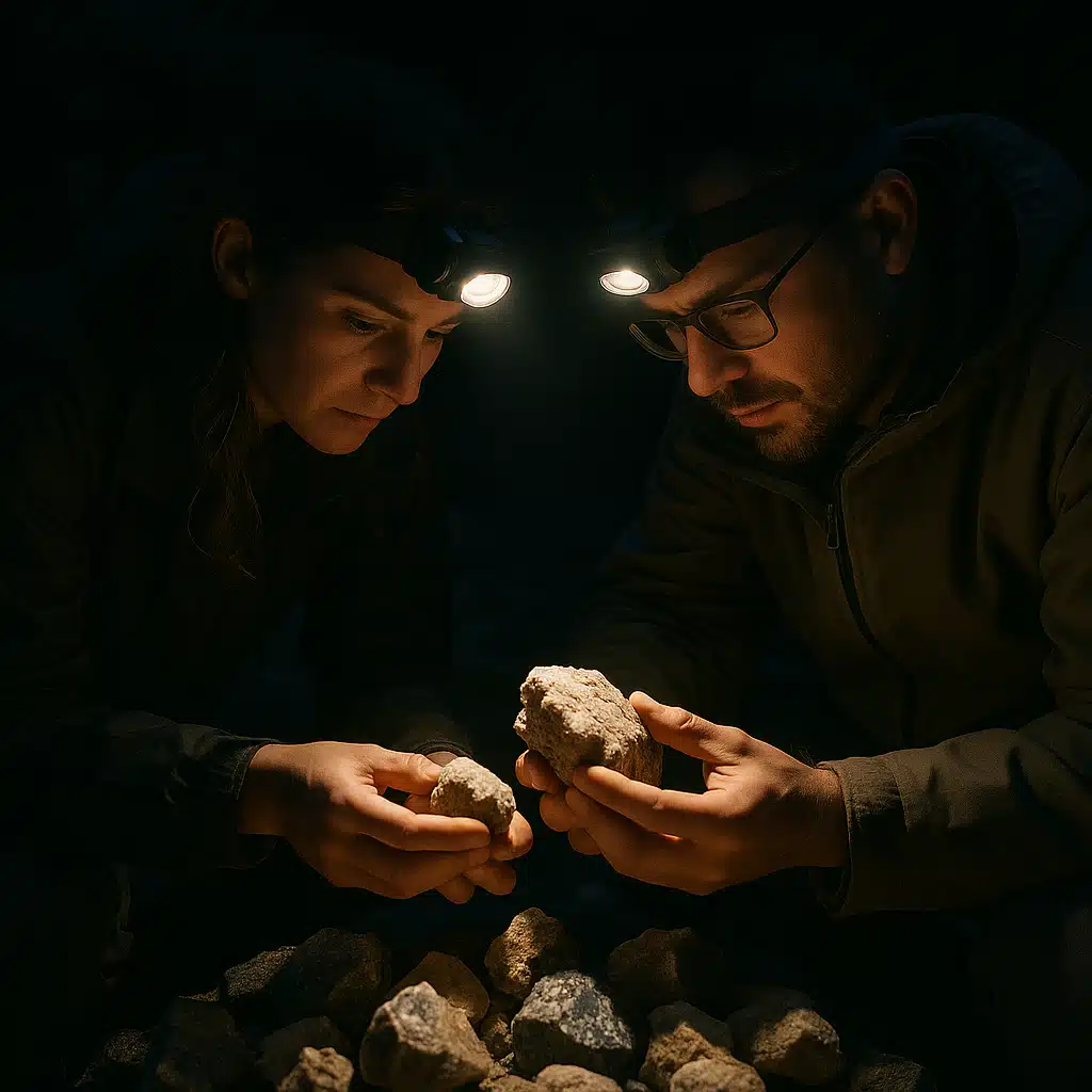 Two people with headlamps carefully examining rocks together at night, teamwork in outdoor mineral collecting, safety-focused scene with proper lighting equipment, collaborative and cautious atmosphere