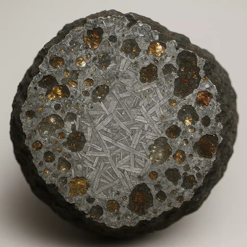 Close-up view of a meteorite cross-section showing internal metallic flecks and crystalline structure, professional macro photography, scientific detail, neutral background