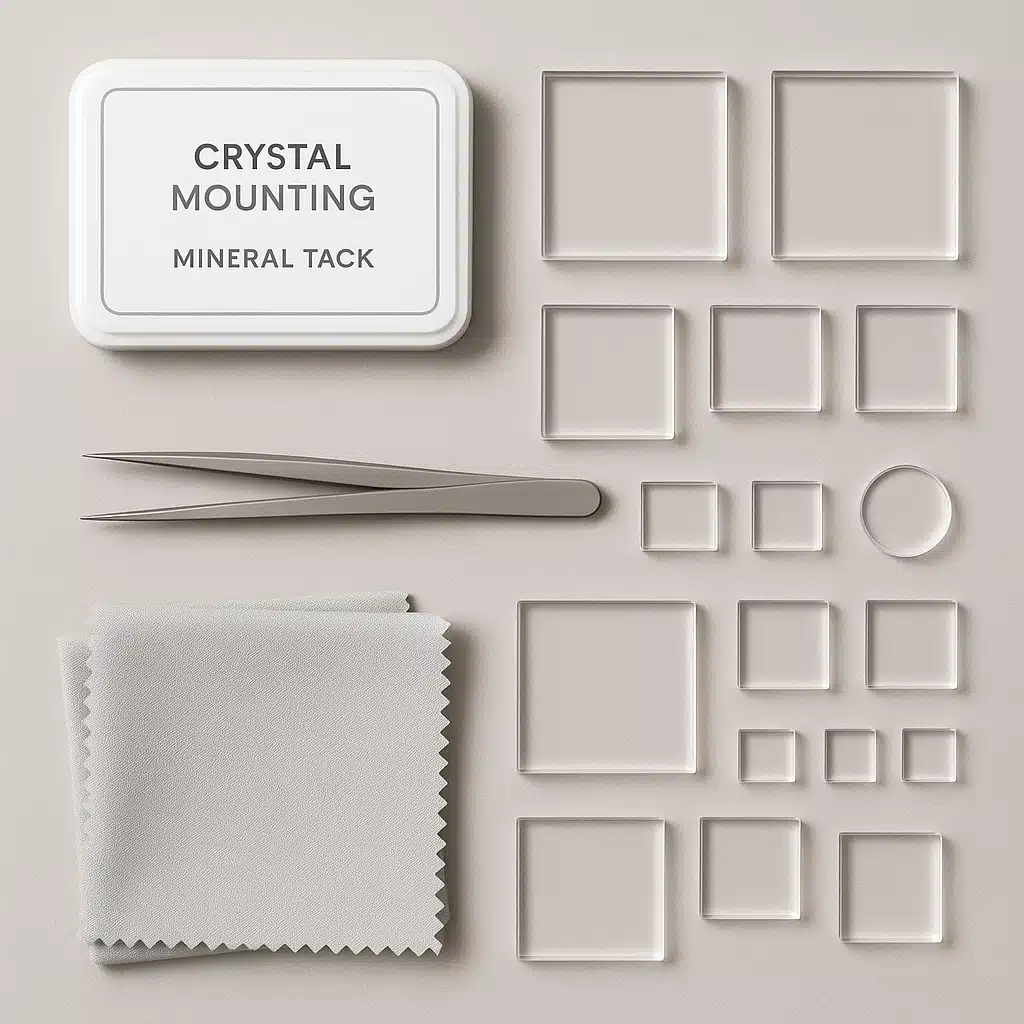 Overhead view of crystal mounting supplies laid out on a clean workspace including mineral tack, clear acrylic bases in various sizes, precision tweezers, and cleaning cloths, organized and professional setup