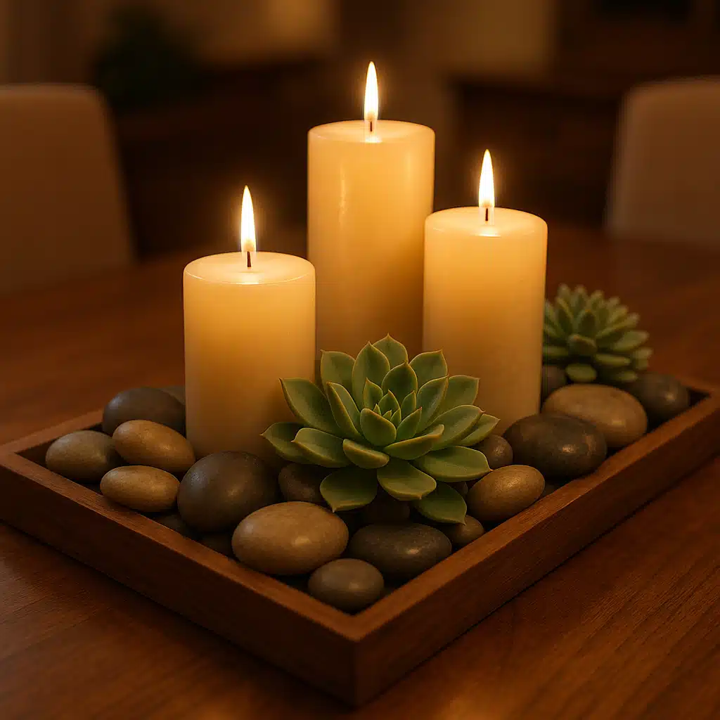 Sophisticated dining table centerpiece featuring an arrangement of smooth river stones, pillar candles, and succulent plants in a wooden tray, warm ambient lighting