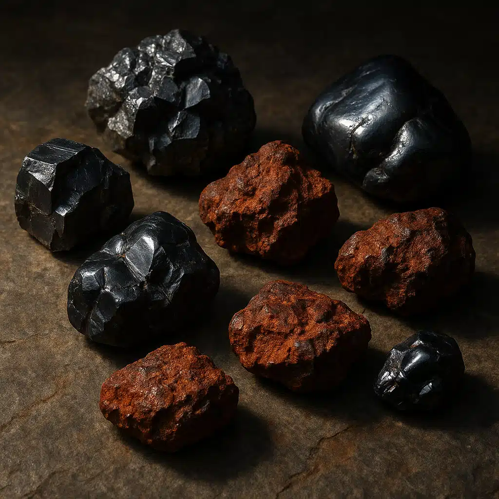 Metallic-looking oxide minerals including dark hematite and reddish-brown specimens arranged on stone surface, dramatic lighting highlighting metallic luster and color variations