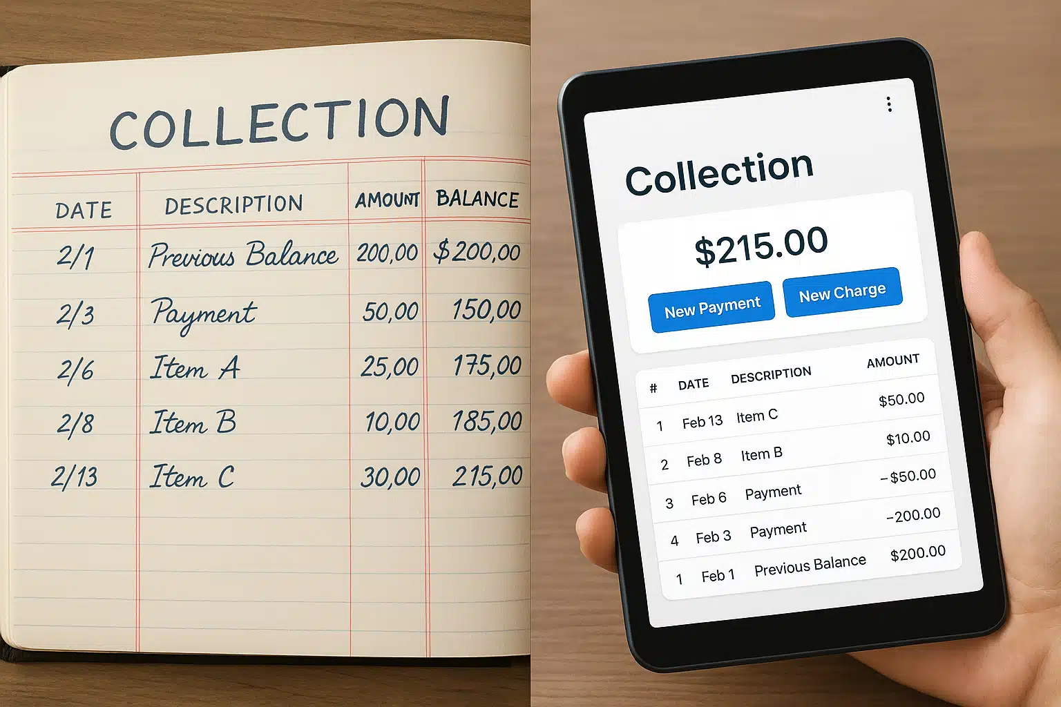 Split-screen image showing a traditional paper collection ledger with handwritten entries on one side and a tablet displaying a digital collection management app interface on the other side, balanced composition, modern collecting methods