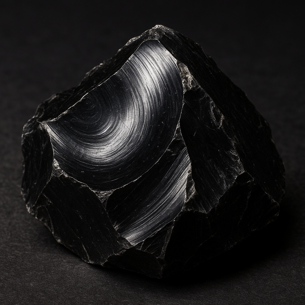 Piece of obsidian volcanic glass showing characteristic conchoidal fracture with smooth curved surfaces and sharp edges, dramatic lighting emphasizing texture, geology specimen photography