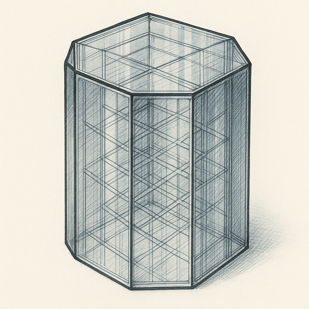 Detailed illustration of hexagonal crystal structure showing six-sided symmetry with prismatic form, transparent crystalline appearance with visible internal lattice arrangement, viewed at slight angle to show both top hexagonal face and vertical prismatic sides