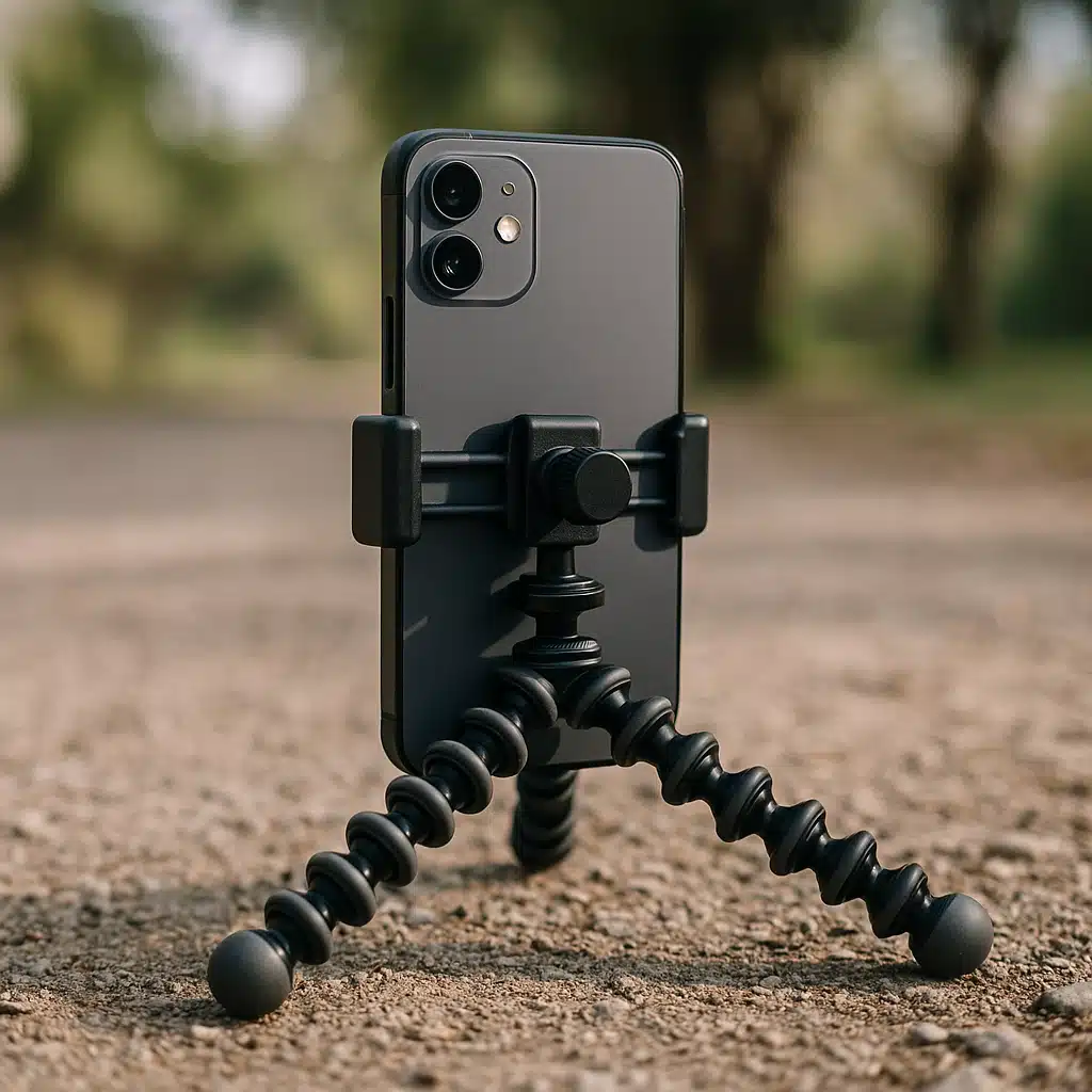Smartphone mounted on flexible tripod positioned low to ground for macro photography, showing stable setup with adjustable legs wrapped around surface for maximum stability