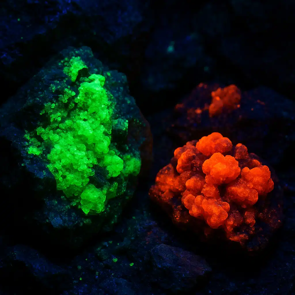 Fluorescent minerals glowing in vibrant green and orange under UV light against dark rocky background, close-up detail shot, dramatic contrast between glowing rocks and darkness, scientific and beautiful aesthetic