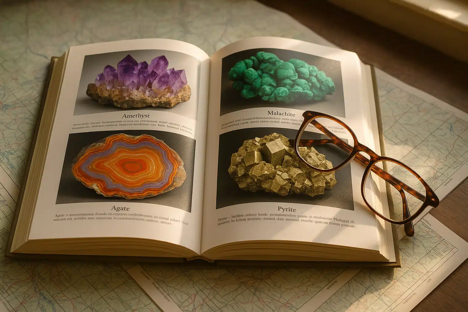 An open geological guidebook with colorful mineral photographs, topographic maps visible in the background, reading glasses resting on the pages, natural window lighting