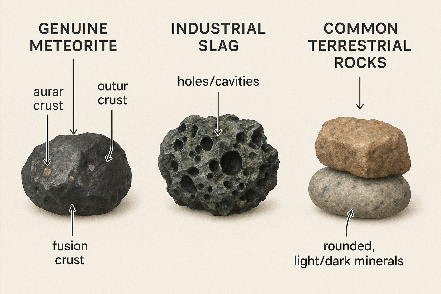 Comparison layout showing a genuine meteorite next to industrial slag and common rocks, educational diagram style, clear labeling, side-by-side presentation for identification purposes