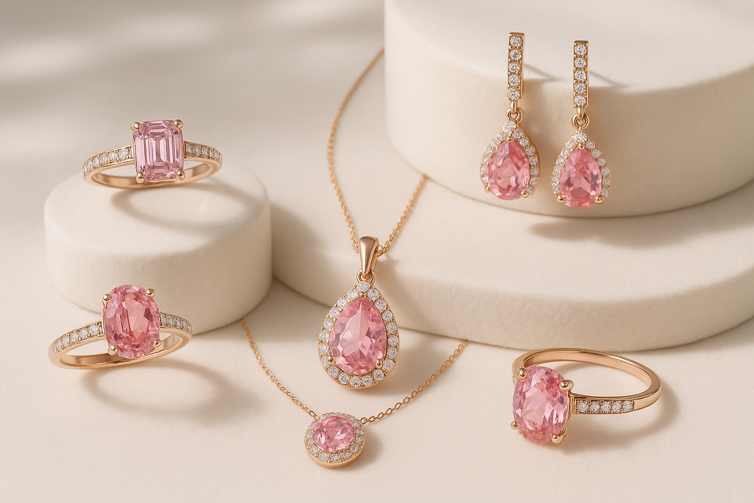 Elegant jewelry display featuring various pink gemstone pieces including rings, pendants and earrings on a luxurious white surface with soft diffused lighting, high-end commercial photography style