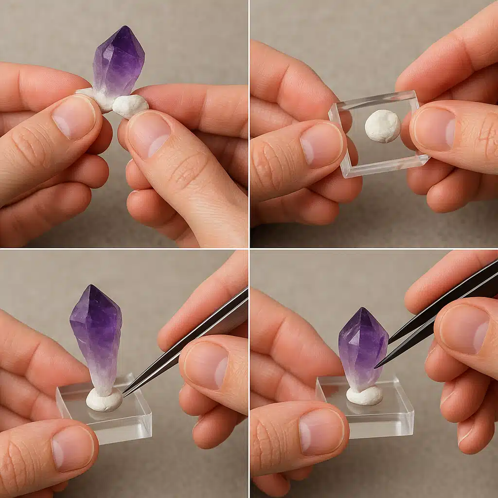 Step-by-step process showing hands using precision tweezers to position a purple amethyst crystal onto mineral tack on a clear acrylic base, detailed close-up, instructional photography style