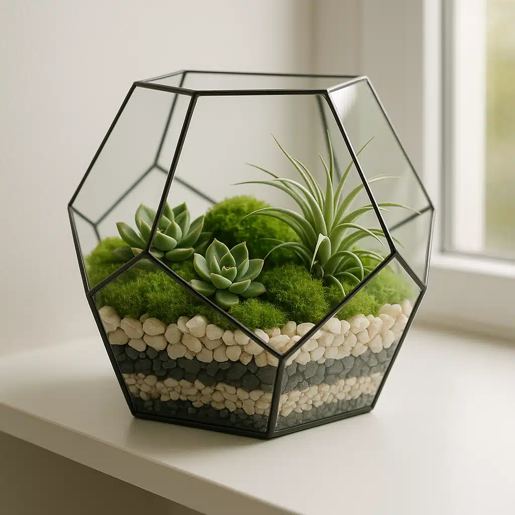 Modern glass terrarium containing layers of decorative stones, moss, small succulents, and air plants, displayed on white shelf with natural window light