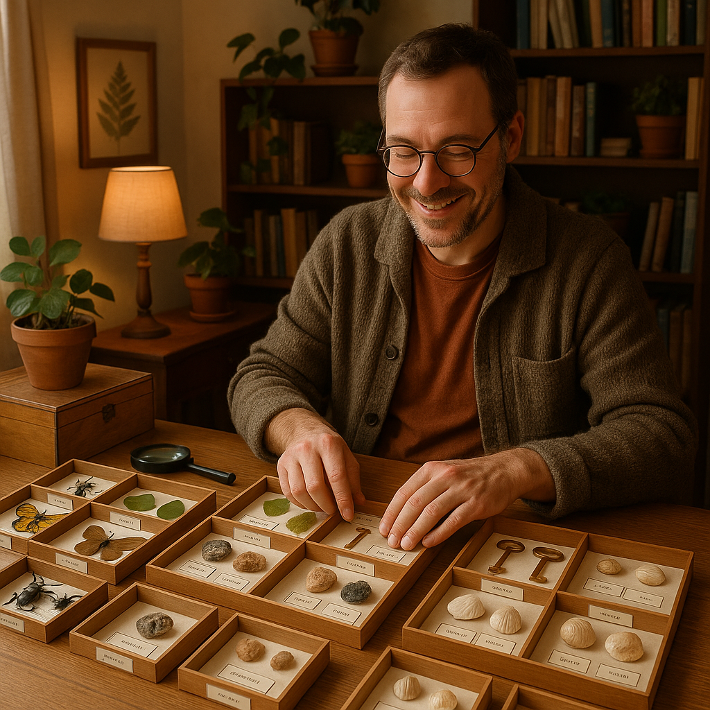 Collector sitting at a desk organizing a collection with various labeled specimens arranged systematically, satisfaction visible in body language, warm and inviting home study environment, inspiring and accessible hobby scene