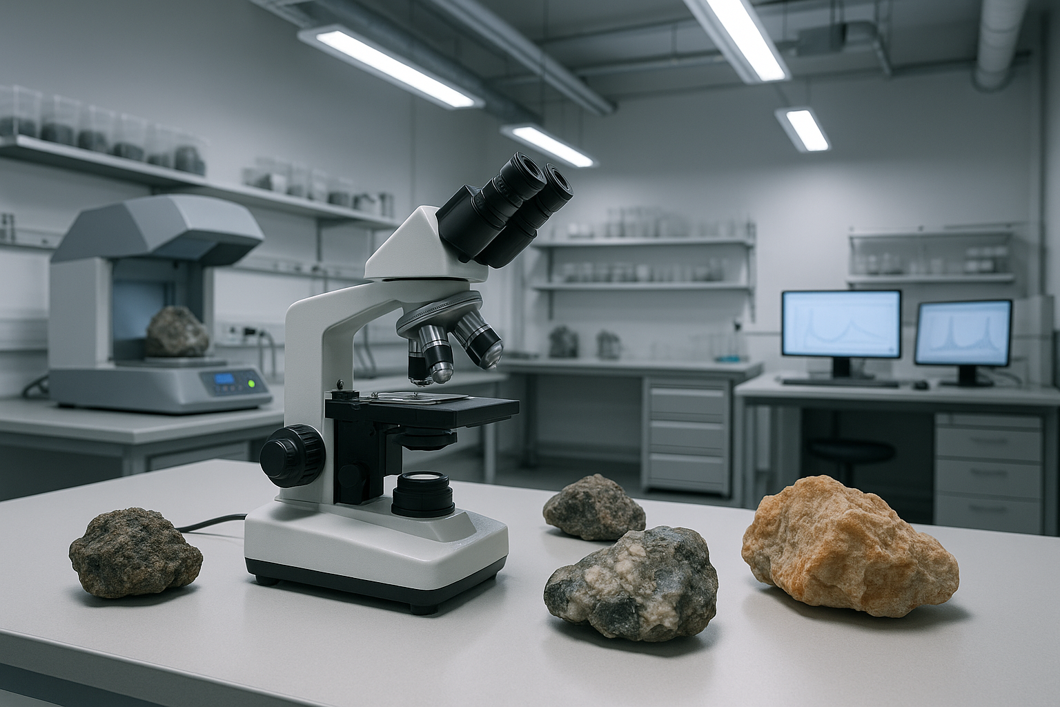 Modern industrial facility or laboratory setting with mineral samples being examined using scientific equipment, professional environment with technical lighting and clean composition