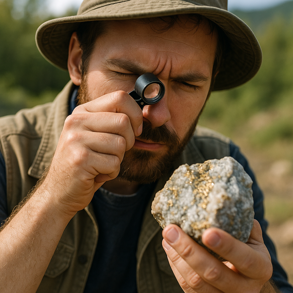 Geologist examining mineral specimen with hand lens in natural outdoor setting, focused on mineral surface characteristics, professional field work atmosphere, natural daylight