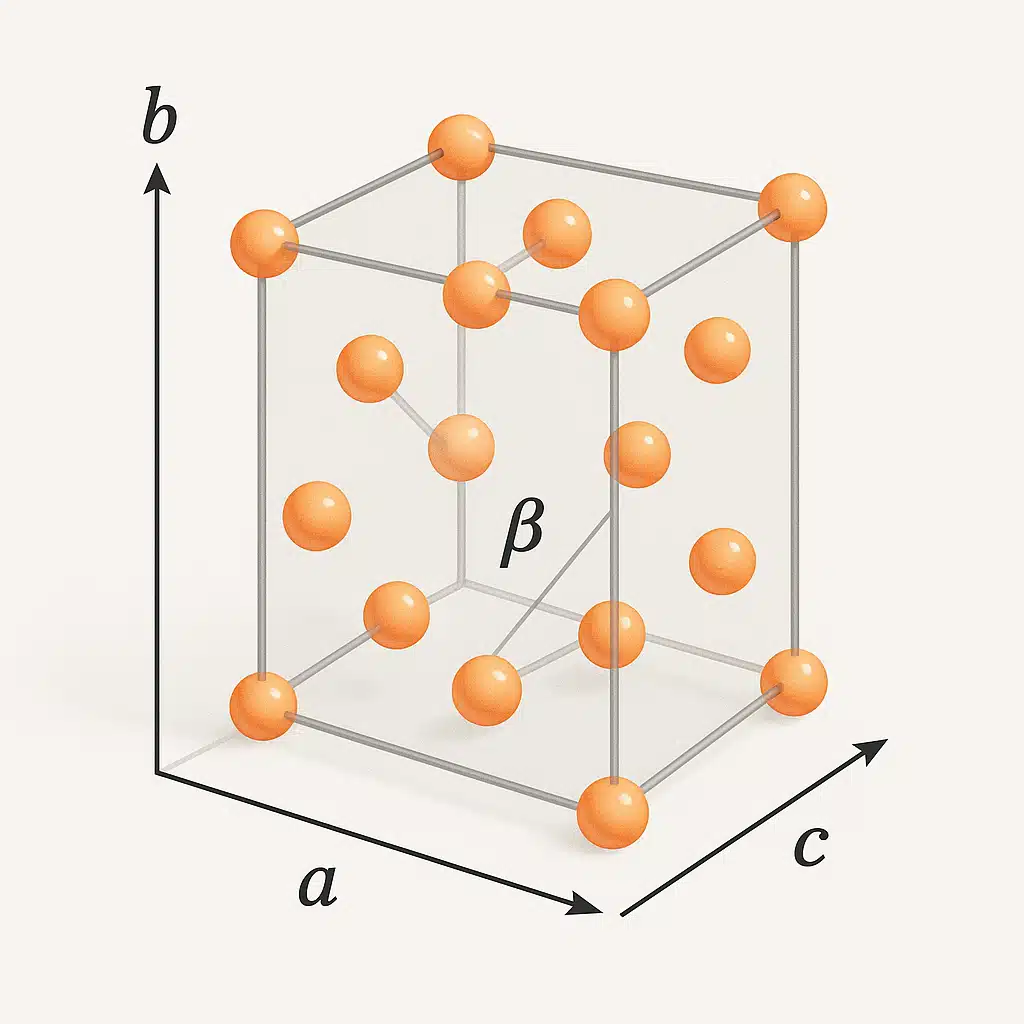 Three-dimensional representation of monoclinic crystal structure showing three unequal axes with one oblique angle, semi-transparent rendering revealing internal atomic positions, educational diagram style with axis labels and angle indicators