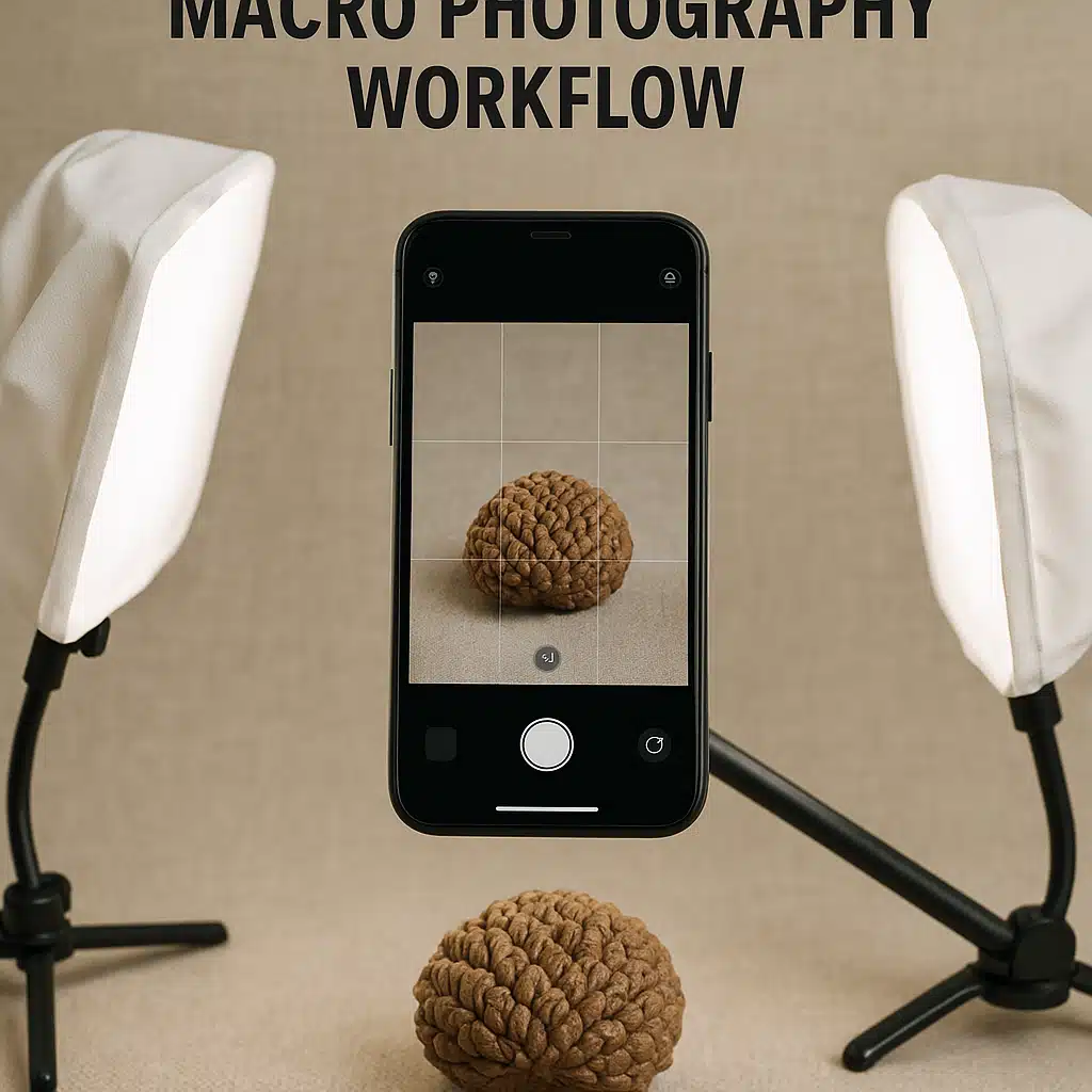 Step-by-step macro photography workflow showing smartphone camera positioned above textured natural object, with diffused lighting setup and composition grid visible on screen display