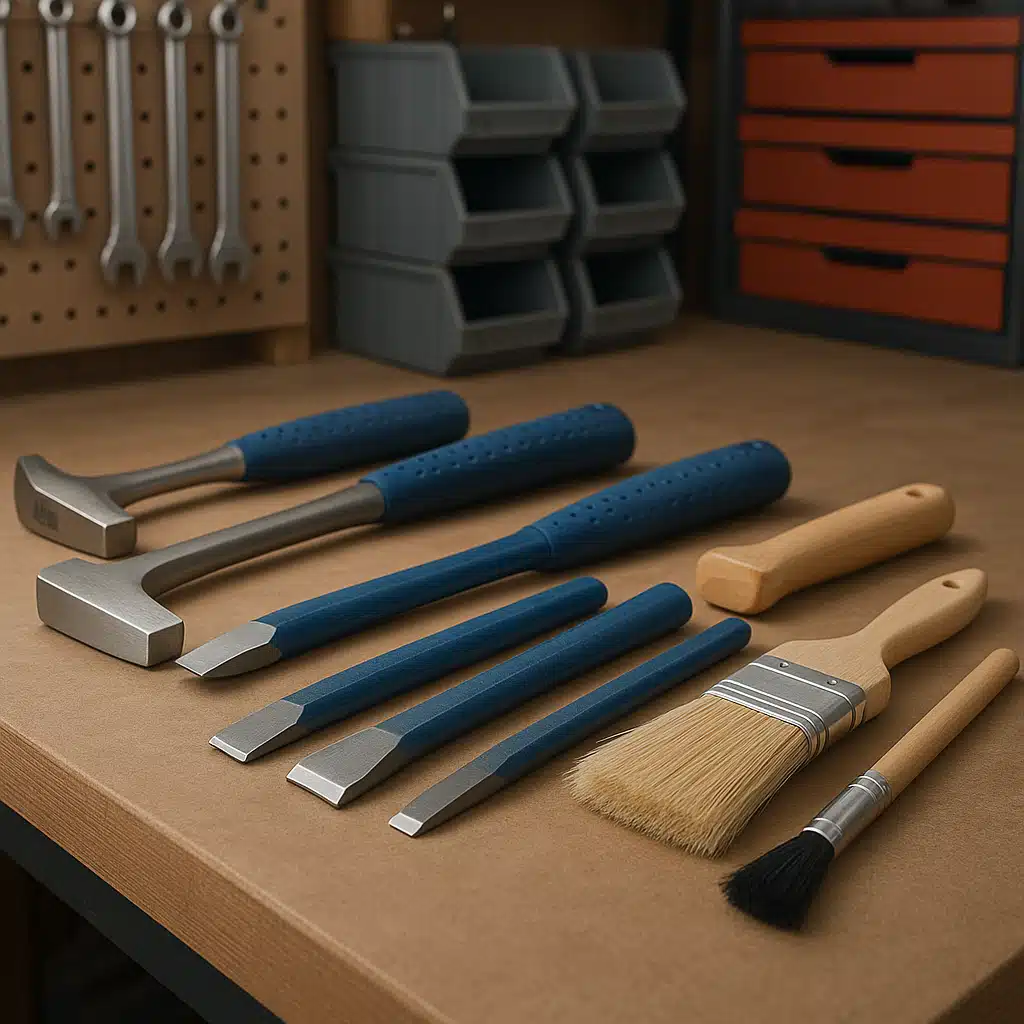 Clean rockhounding tools arranged on a workbench including rock hammers, chisels, and brushes, organized tool storage in the background, workshop setting with good lighting