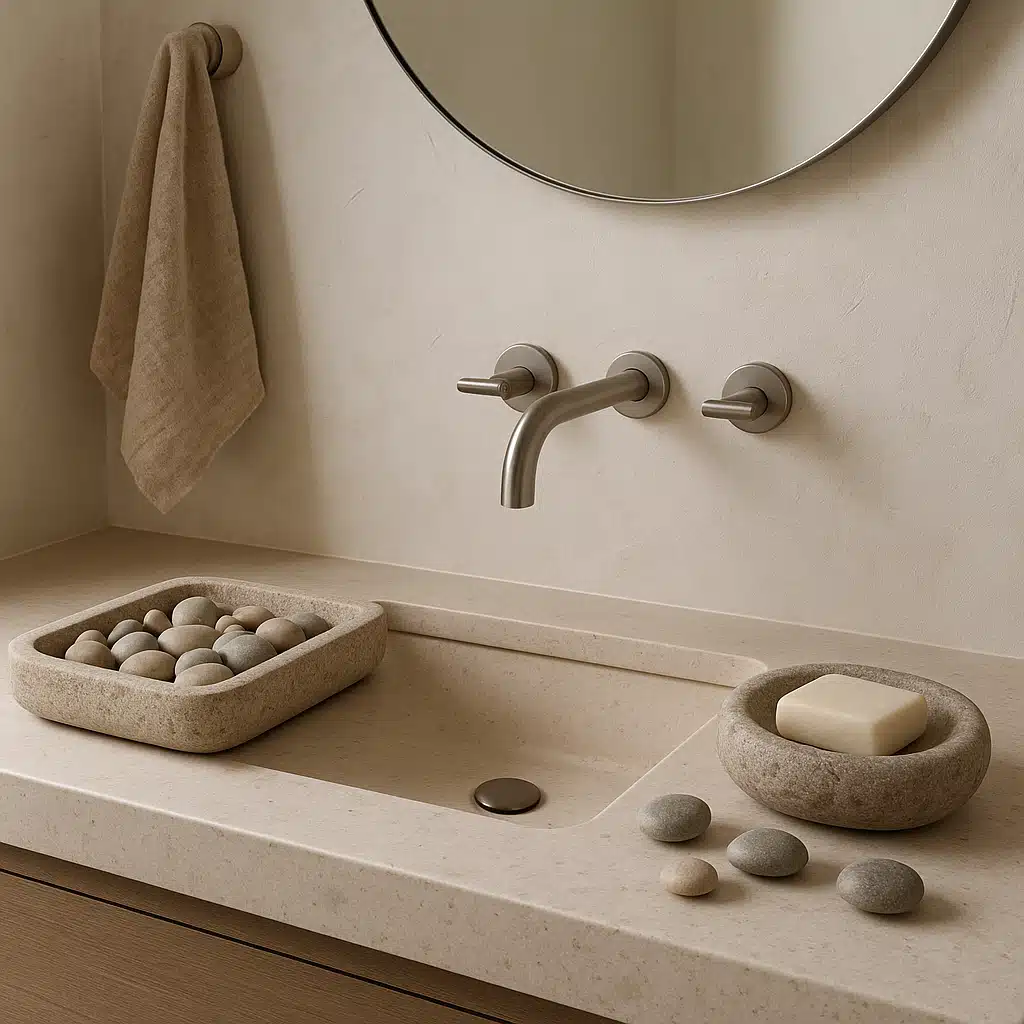 Serene bathroom vanity with natural stone accessories including pebble-filled tray, stone soap dish, and small stones arranged around minimalist fixtures, spa-like atmosphere