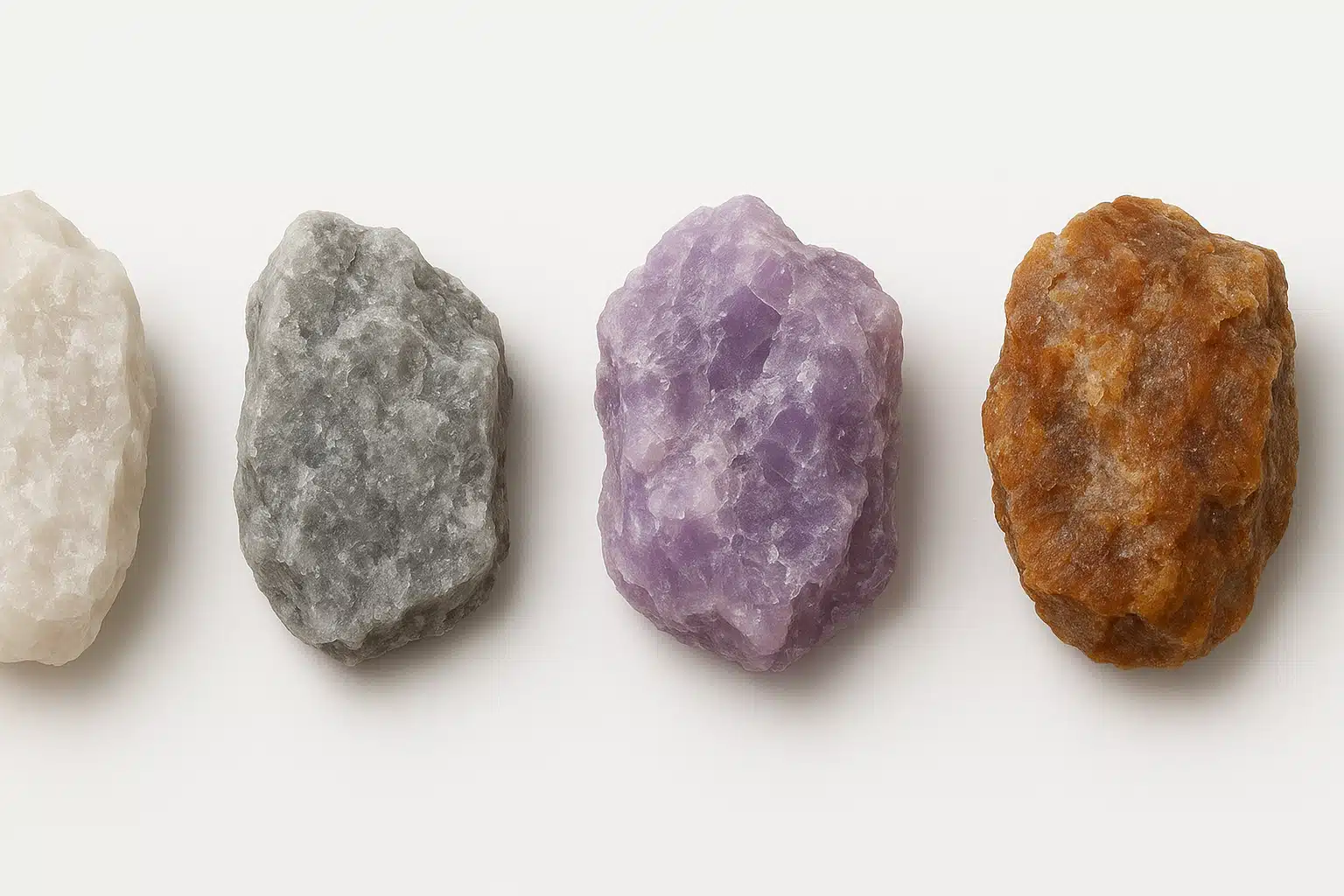Educational comparison layout showing same mineral type in different color variations side by side on white background, clear lighting for scientific documentation style photography