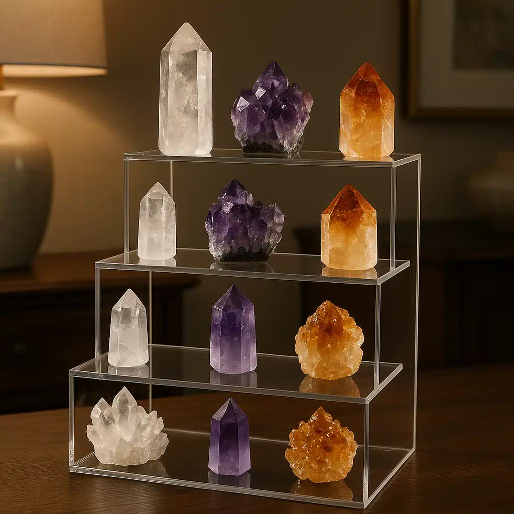 Multi-tiered clear acrylic display stand with various sized crystals including clear quartz, amethyst, and citrine arranged at different heights, elegant lighting, sophisticated home decor setting