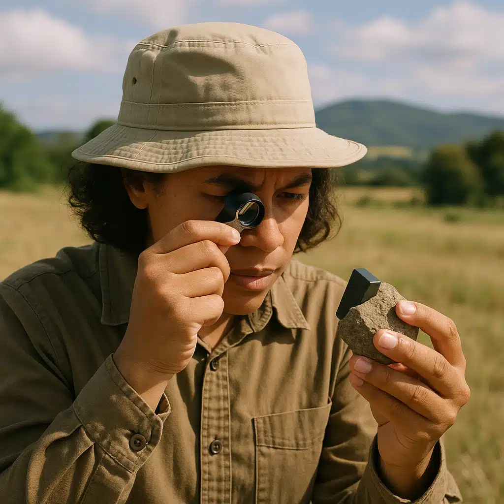 Person examining rocks in an open field using a handheld magnifying loupe and magnet, outdoor natural lighting, educational activity, diverse landscape background
