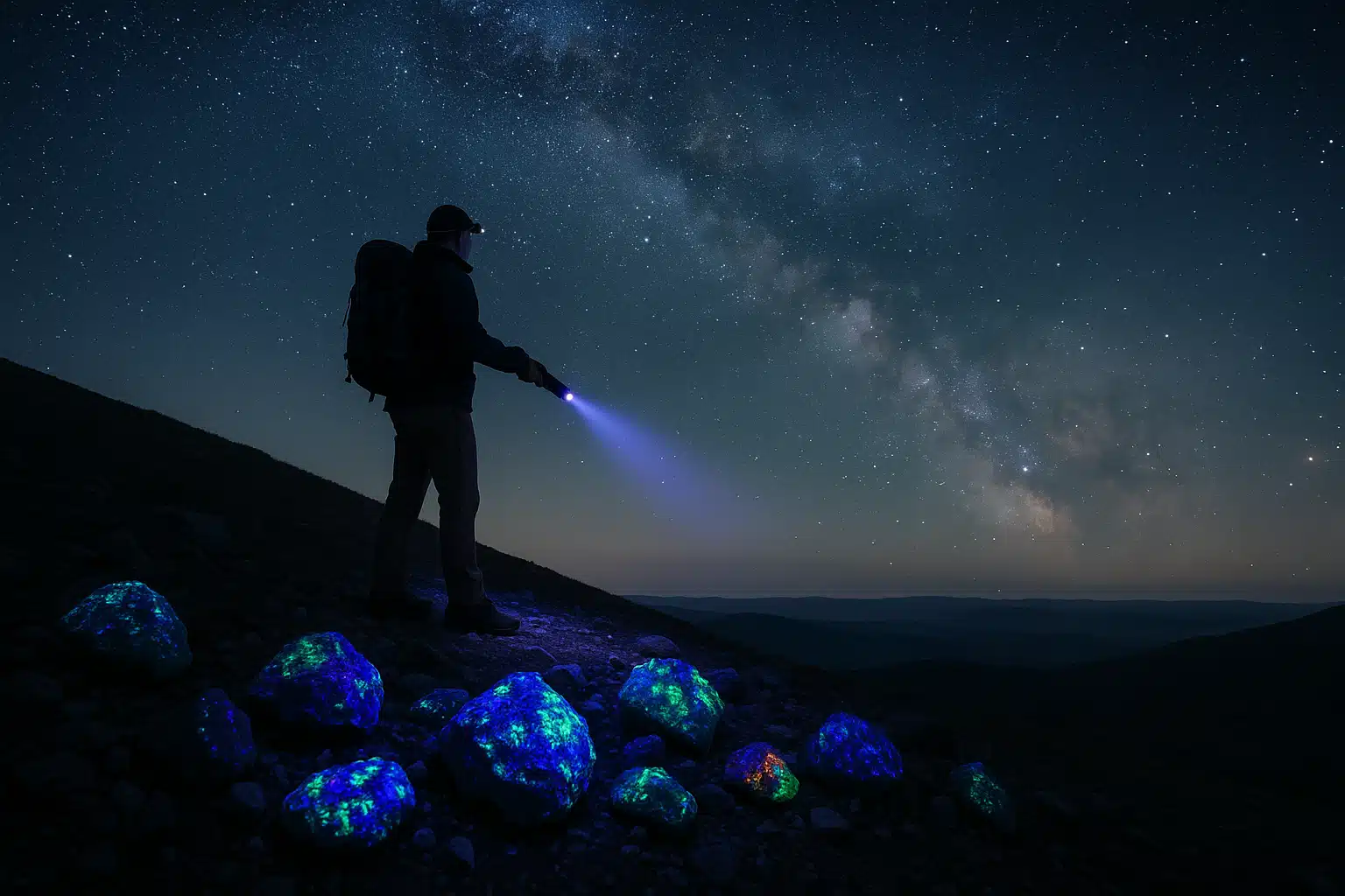 Person standing on hilltop at night with UV flashlight illuminating fluorescent rocks, starry sky above, sense of discovery and wonder, safe and prepared outdoor adventure, wide landscape composition with glowing minerals in foreground
