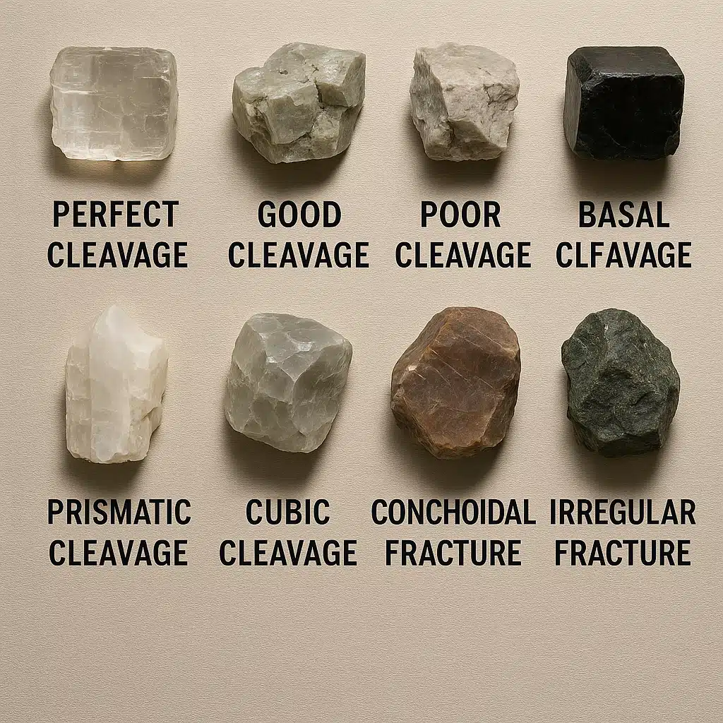 Educational comparison display showing multiple mineral specimens labeled with different cleavage and fracture types, museum display style, clear lighting, informative presentation for learning purposes