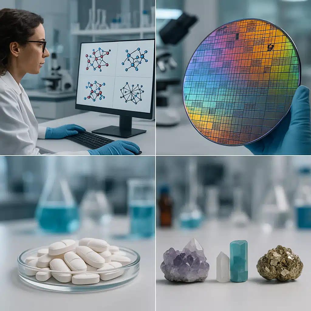 Collage showing diverse applications of crystallography including a scientist examining crystal structures on a computer screen, semiconductor wafer with visible circuit patterns, pharmaceutical tablets, and natural mineral specimens, professional laboratory setting with modern equipment