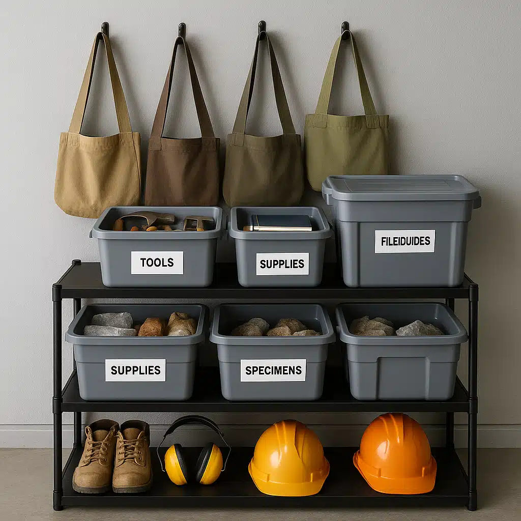Organized storage system with labeled containers holding rockhounding equipment, collection bags hanging on wall hooks, safety gear neatly arranged on shelves, clean garage or workshop environment