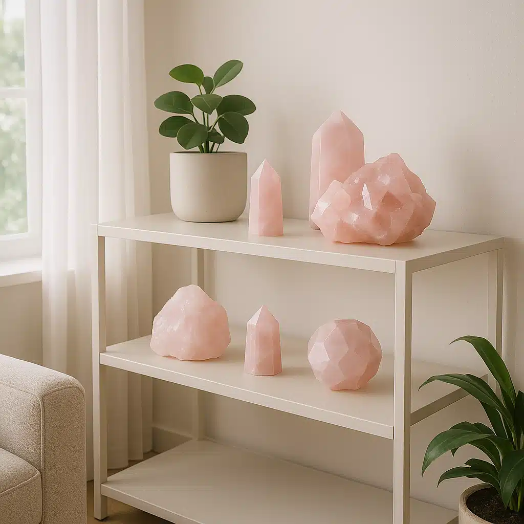 Serene home interior scene with pink crystal decorative pieces arranged on modern shelving, soft natural window light, clean contemporary aesthetic with plants and minimal styling