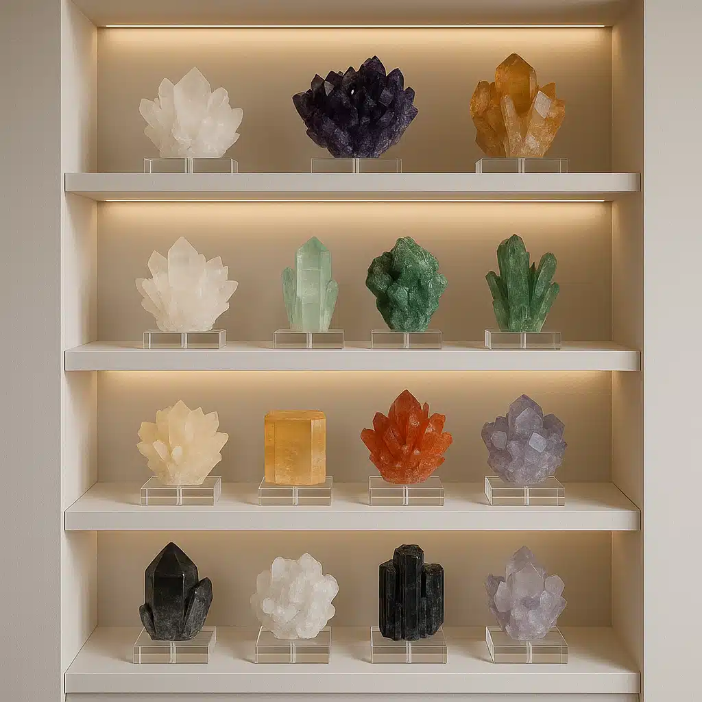Elegant home display shelf featuring a curated collection of mounted crystals on acrylic bases with subtle LED accent lighting, organized by color gradient, modern minimalist interior design