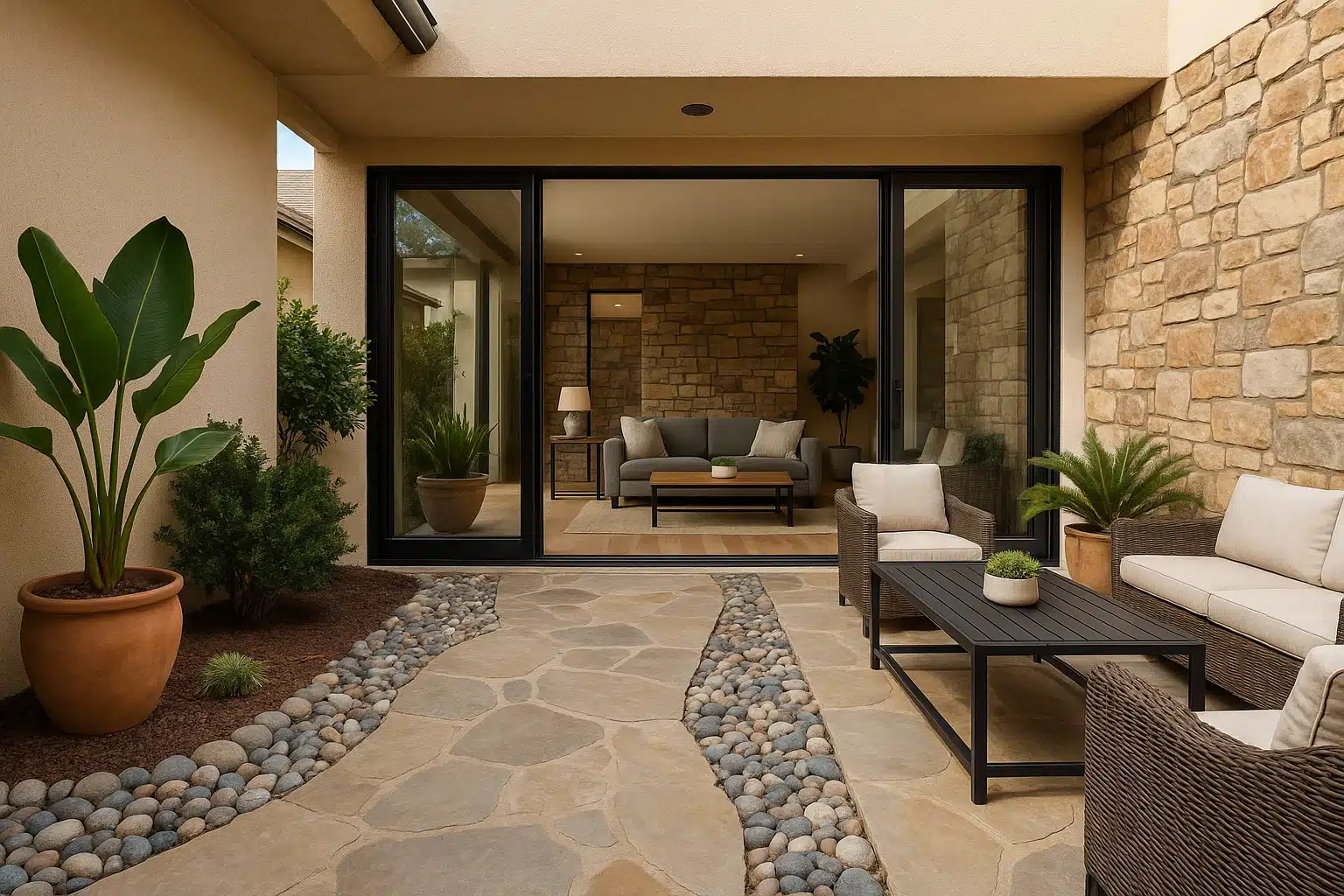 Outdoor patio area transitioning to indoor space featuring stone pathway, decorative rock borders around plants, and stone accents visible through large glass doors, seamless indoor-outdoor design