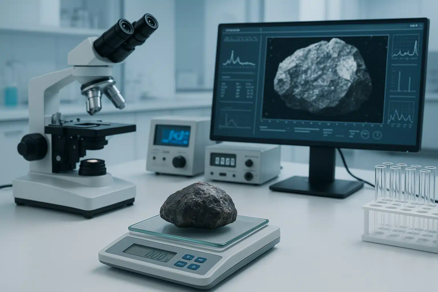Laboratory setting with meteorite specimen under analysis, scientific equipment including microscope and testing instruments, professional research environment, clean and modern aesthetic