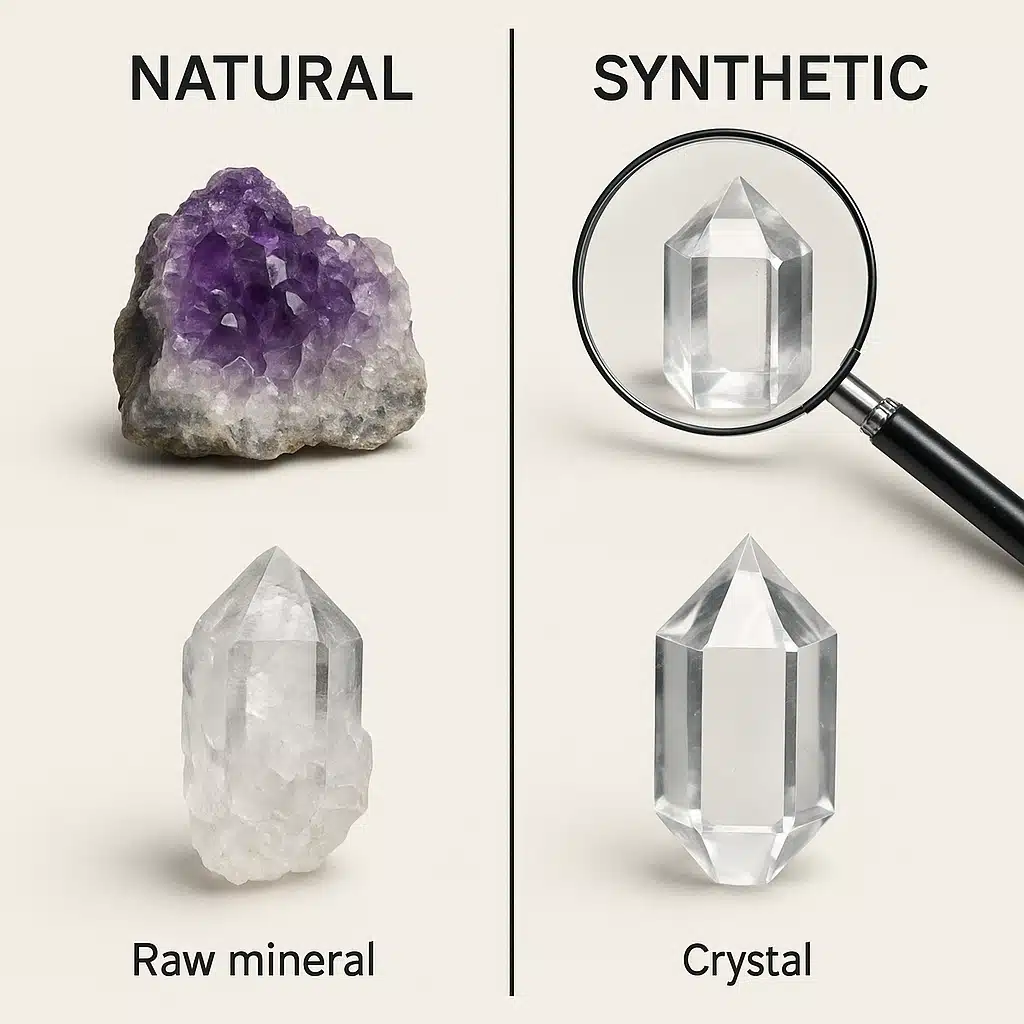 Educational comparison showing natural and synthetic crystals side by side, including both raw mineral specimens and laboratory-grown crystals, with magnifying glass examining crystal faces, bright even lighting for clear detail, informative presentation style