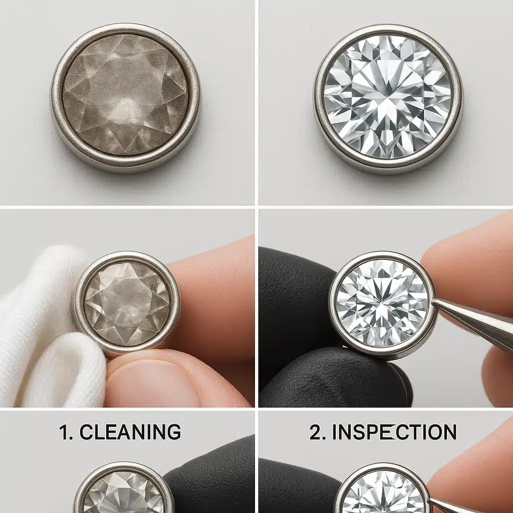 Before and after comparison showing a crystal being cleaned and properly remounted, demonstrating troubleshooting techniques, instructional layout with clear visual steps