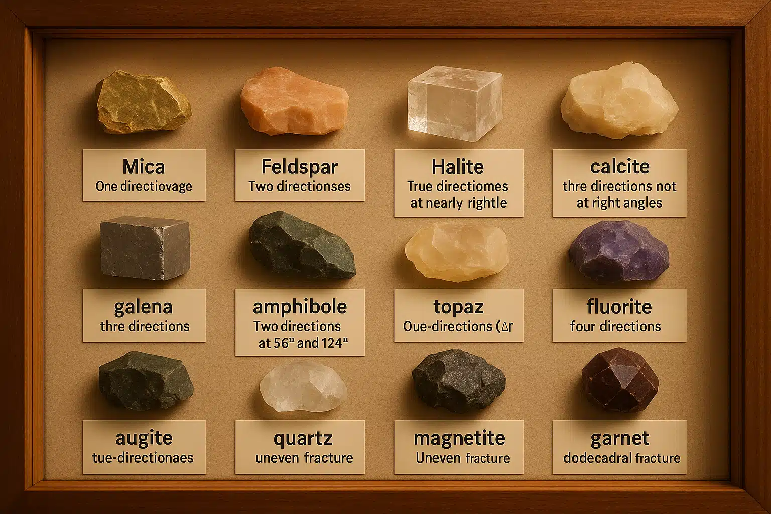 Well-organized mineral collection in display case with labeled specimens showing various cleavage and fracture examples, home or classroom setting, educational display arrangement, warm lighting