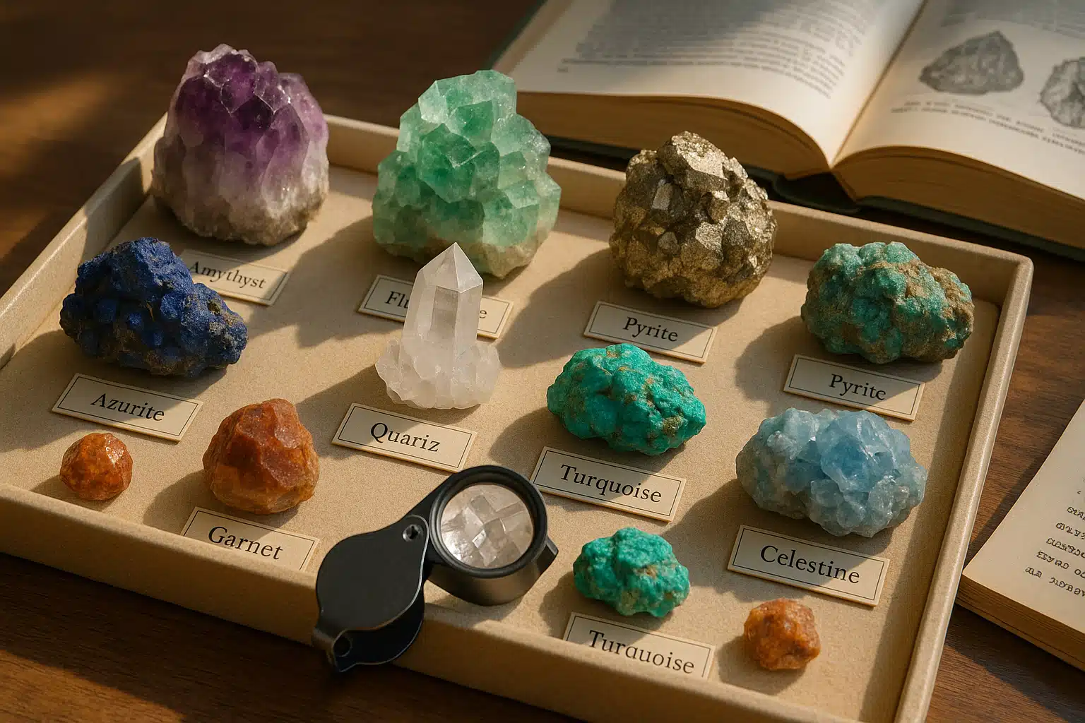 A collection of mineral specimens arranged on a display tray with identification labels, magnifying loupe examining crystal structure, reference books open nearby, natural lighting highlighting mineral colors