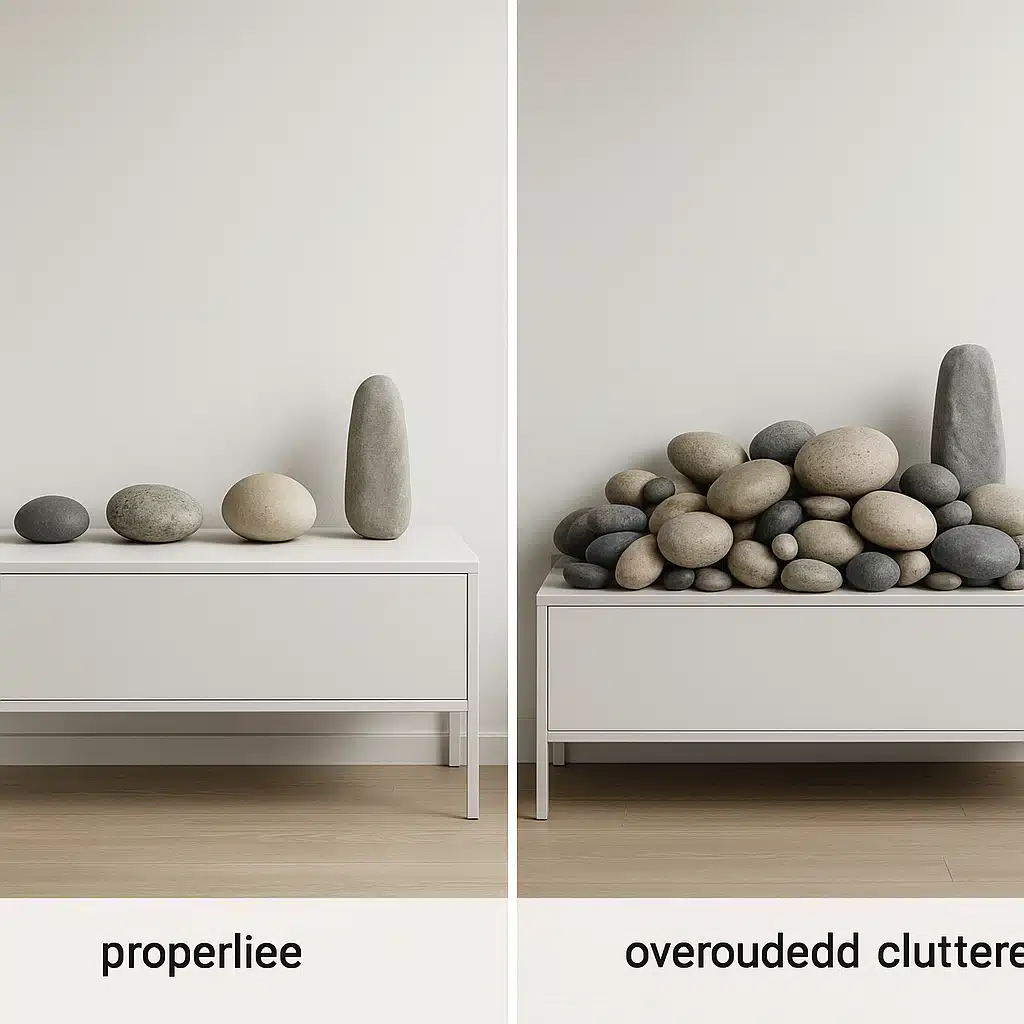 Side-by-side comparison showing properly scaled stone décor arrangement versus overcrowded cluttered stone display, demonstrating balanced versus excessive use of decorative rocks in interior design