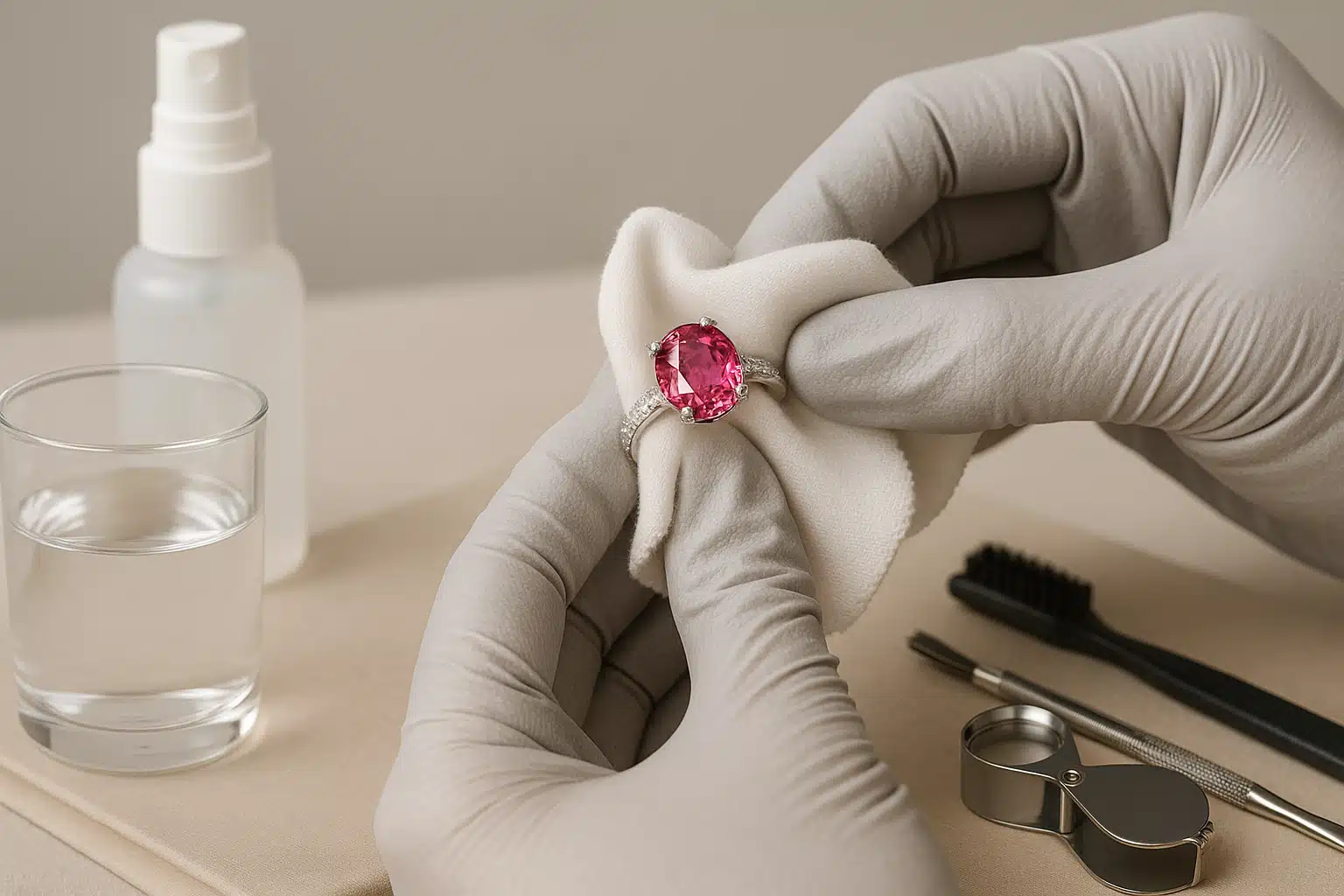 Hands wearing protective gloves carefully cleaning a pink gemstone ring with soft cloth and cleaning solution, well-lit workspace with professional jewelry care tools visible, instructional photography style