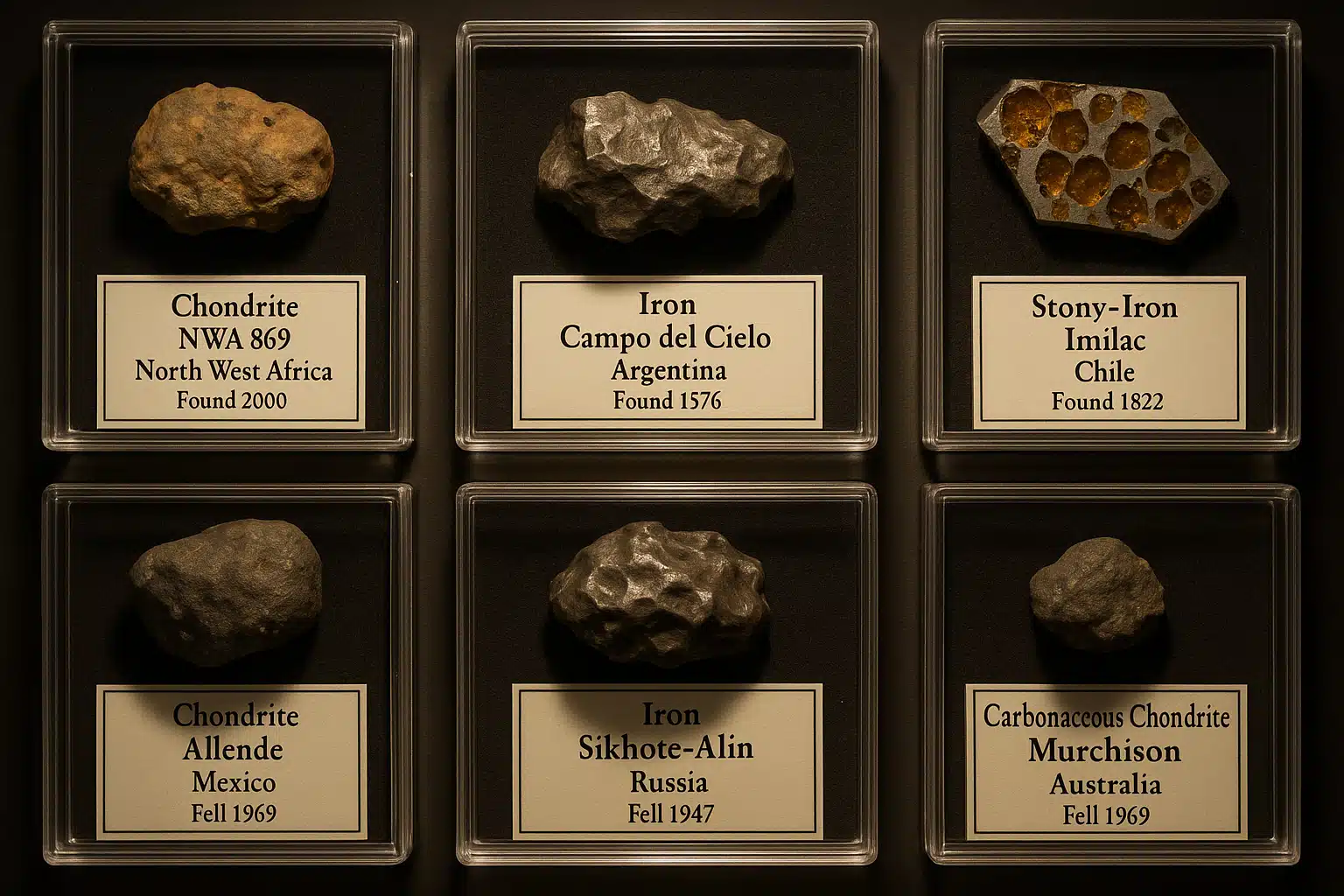 Collection of authenticated meteorite specimens displayed in protective cases with documentation labels, museum-style presentation, educational exhibit lighting, variety of meteorite types shown