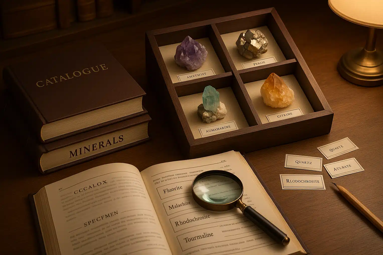 Organized collector's workspace with catalog books, magnifying glass, specimen labels, and beautifully mounted crystals on display, warm lighting, scholarly and professional atmosphere