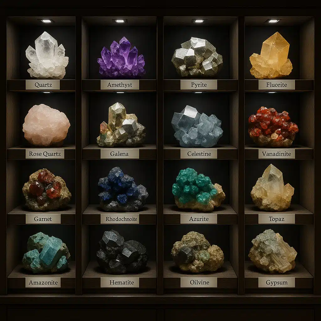 A well-organized mineral display cabinet with labeled specimens in individual compartments, LED lighting highlighting crystal structures, systematic arrangement by mineral type, professional museum-quality presentation