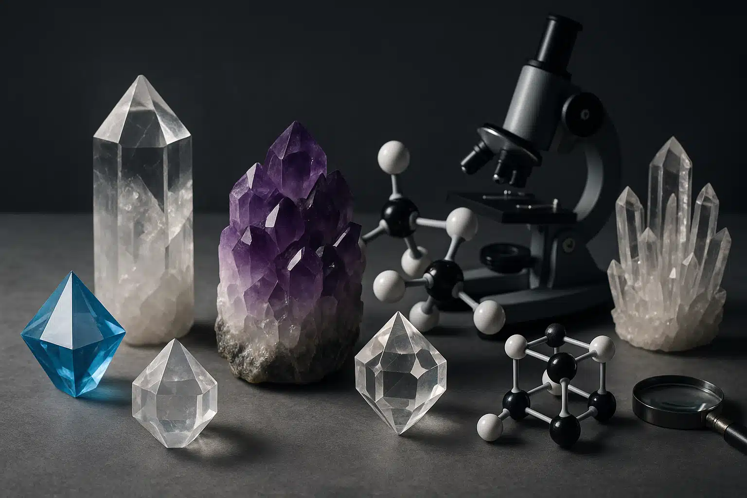 Artistic composition featuring various crystal forms including geometric mineral specimens, molecular models, and scientific instruments, arranged to show the connection between atomic structure and macroscopic crystals, inspiring and educational aesthetic with professional photography lighting