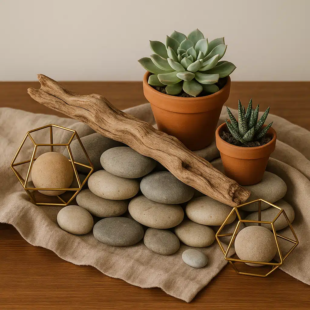 Layered natural materials display featuring stones arranged with driftwood, potted succulents, brass geometric holders, and linen fabric on wooden surface, harmonious natural interior styling