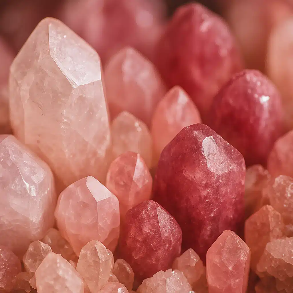 Dramatic close-up of multiple pink crystal varieties arranged together showing range of hues from pale to deep pink, macro photography with sharp focus and beautiful depth of field, artistic natural lighting