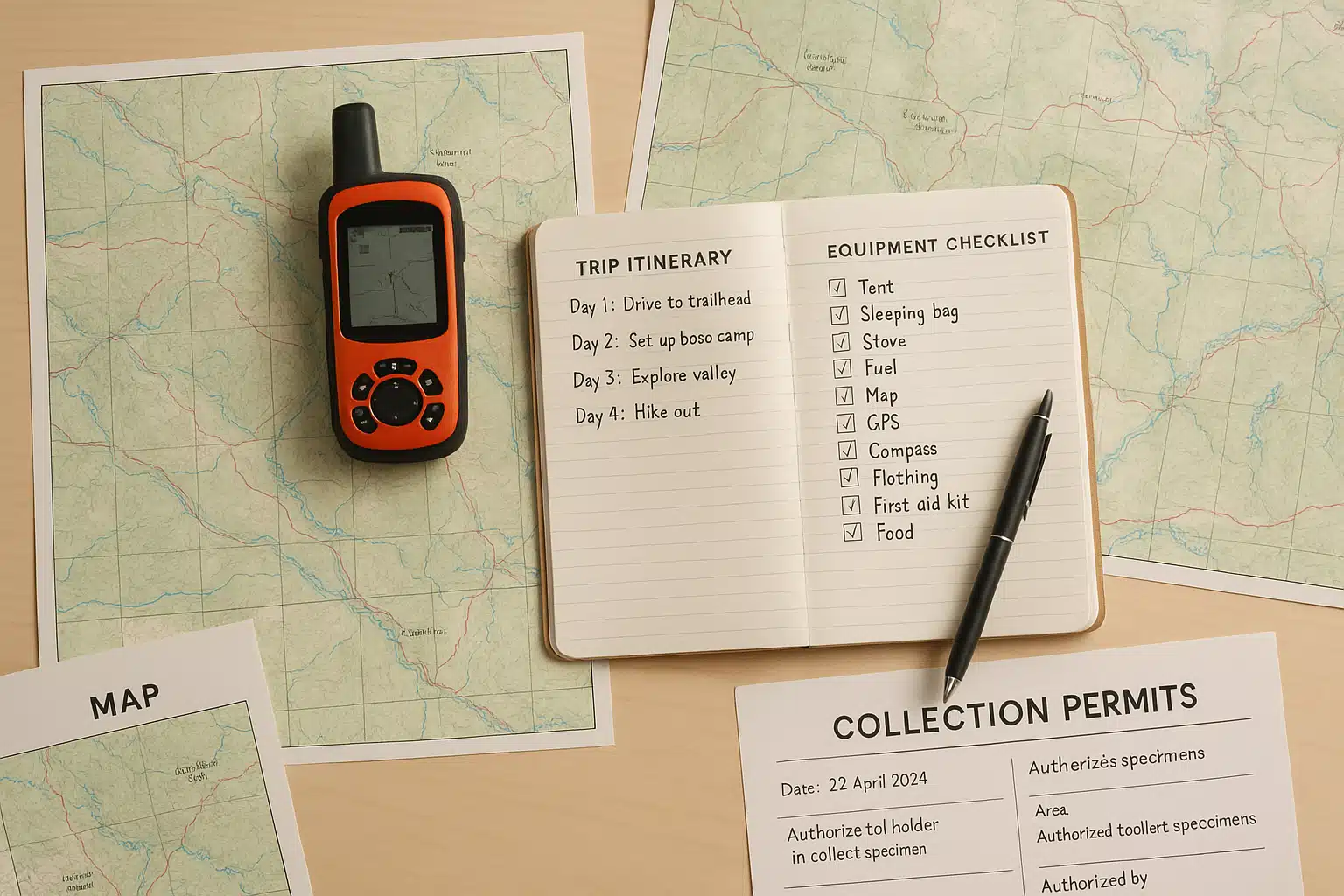 A planning workspace with printed maps, GPS device, notebook with trip itinerary, checklist of equipment, and collection permits spread across a desk, organized and ready for upcoming expedition