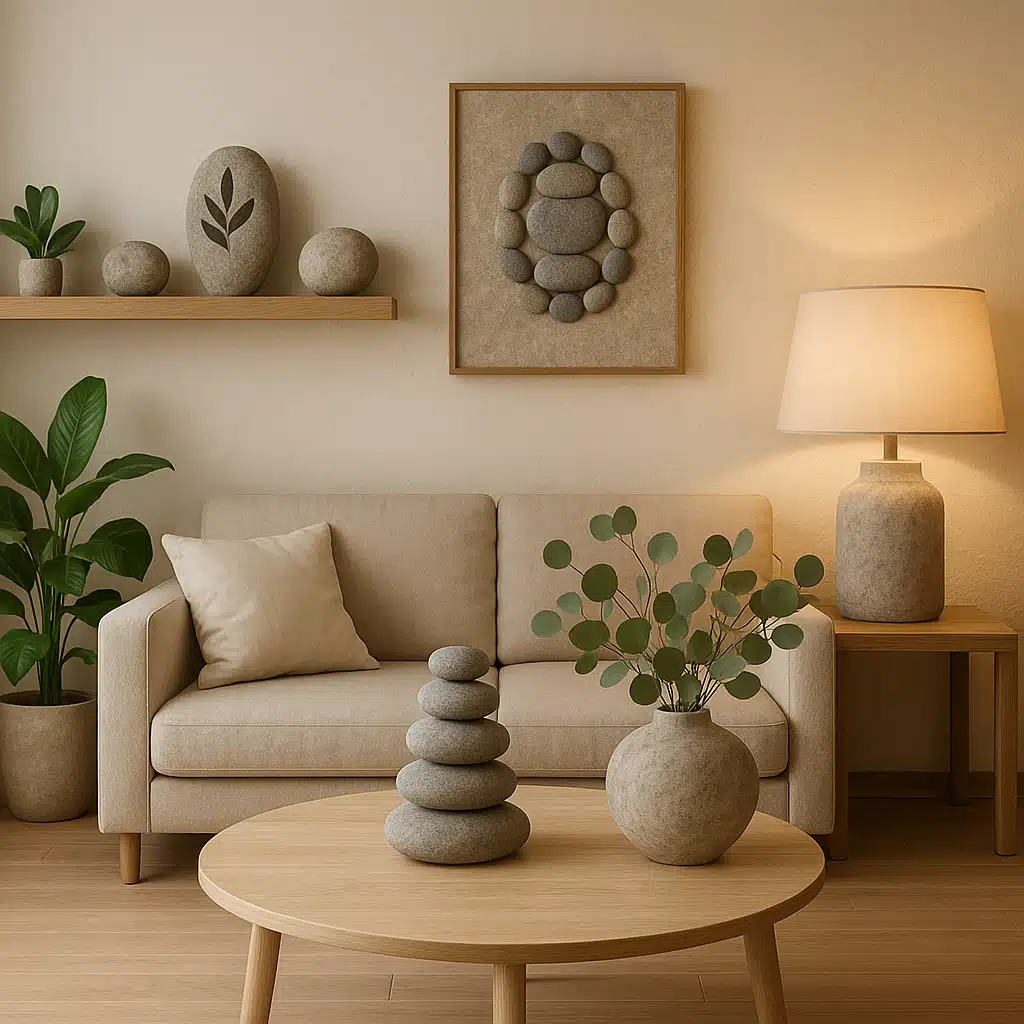 Peaceful modern living space showcasing multiple tasteful stone décor elements including shelf displays, table centerpiece, and wall art, cohesive natural interior design with plants and warm lighting