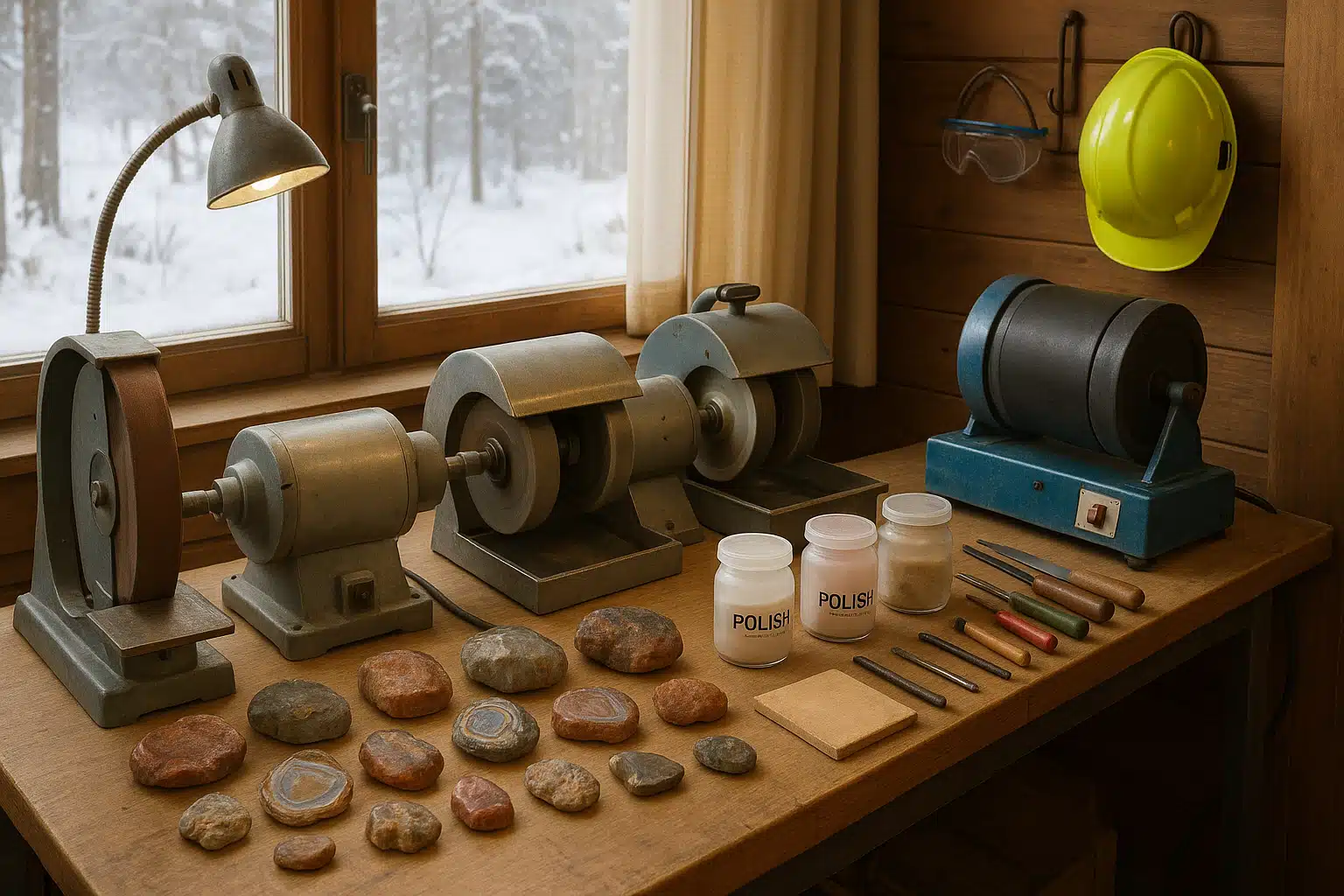 A lapidary workshop with rock polishing equipment, partially finished specimens, polishing compounds and tools, organized workspace with safety equipment visible, indoor winter activity setting