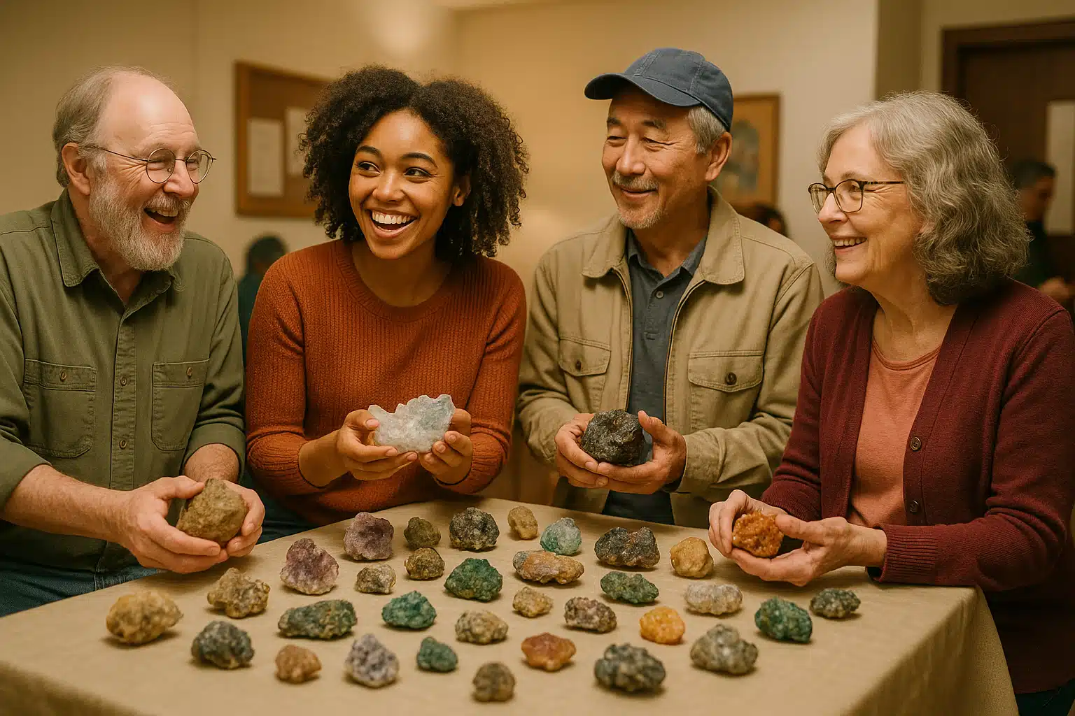 A friendly gathering of rockhounds examining and trading mineral specimens, diverse group engaged in conversation, specimens displayed on table, warm indoor meeting environment, community atmosphere